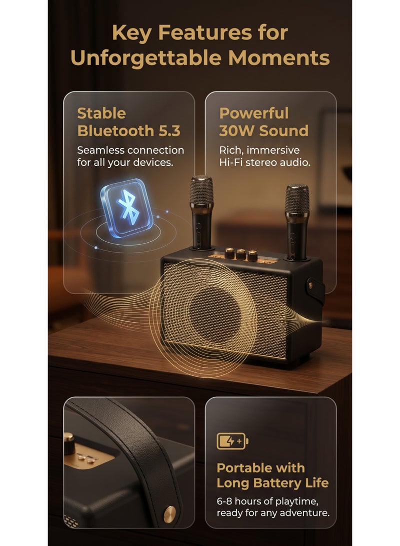 lanthour Portable Karaoke System with Long-Lasting Built-in Battery, Dual Microphones, and Retro-Styled Home Audio - Image 5