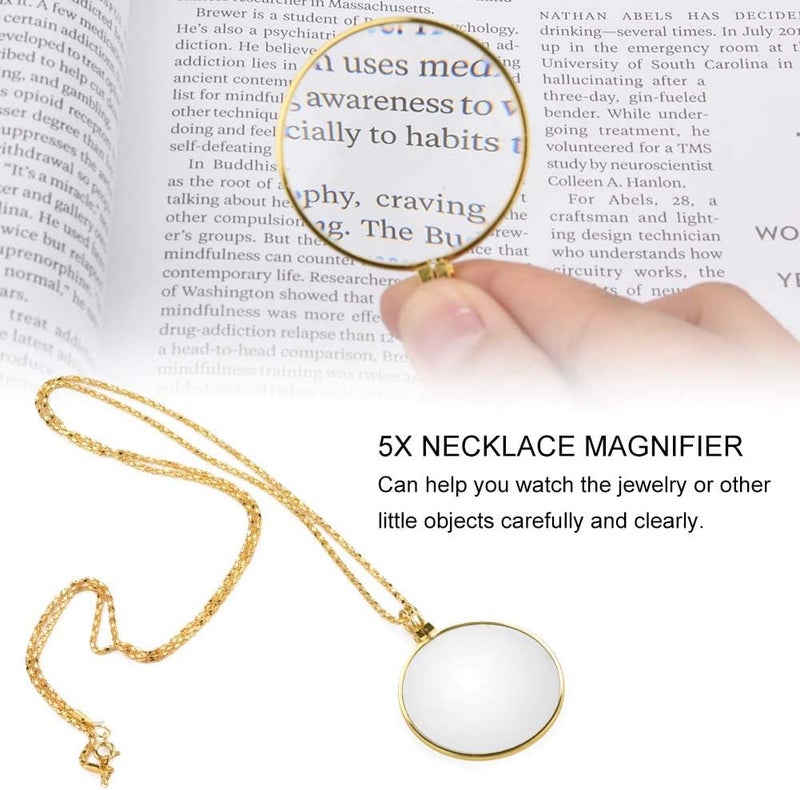 Pilipane 5X Necklace Magnifier  Necklace with 1 34 Inch Optical Magnifier Lens and 18  1Inch Gold Chain for Library  Reading Fine Print  Zooming  Increase sight  Jewelry  Magnifying Pendant Necklace - Image 5