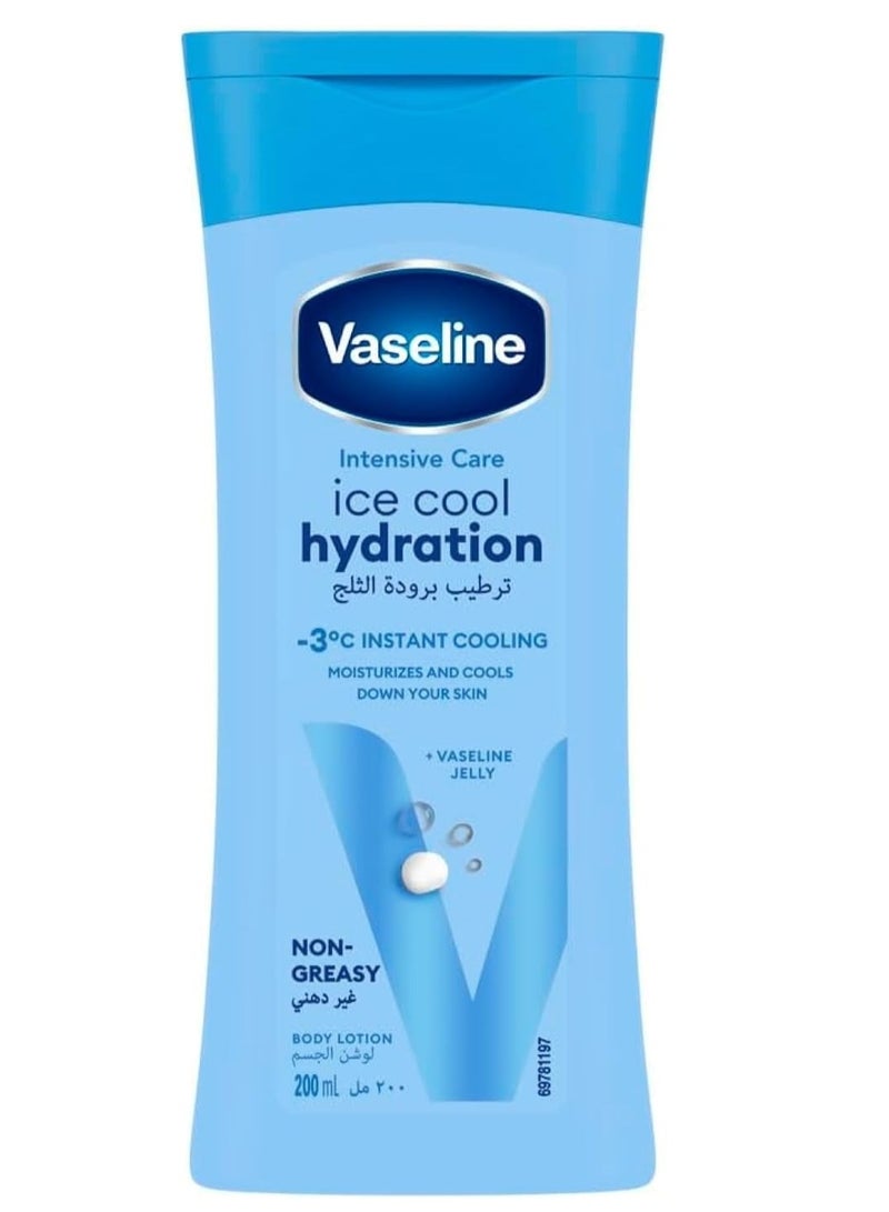Vaseline Intensive Care Body Lotion, With Hyaluronic Acid, Vitamin E & C, Ice Cool Hydration, hydrates and cools your skin down by -3 °C, 200ml - Image 1