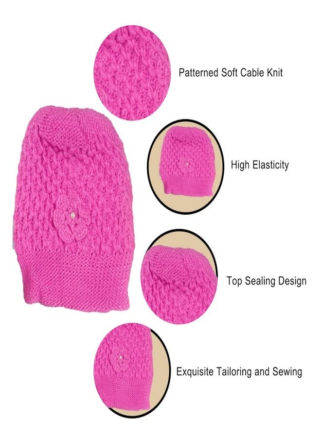 TRUE INDIAN Winter Woolen Women Caps Beanie Stylish Round Madam Flower Hat Unisex Design Flower Round Cap | Woolen Knitted Cap for Women & Girls | (Pack of 2) (in, Alpha, Free Size, Hot Pink + Beige) - Image 5