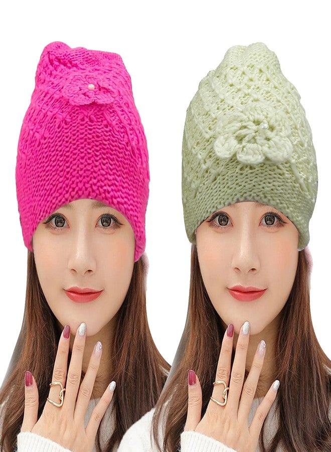 TRUE INDIAN Winter Woolen Women Caps Beanie Stylish Round Madam Flower Hat Unisex Design Flower Round Cap | Woolen Knitted Cap for Women & Girls | (Pack of 2) (in, Alpha, Free Size, Hot Pink + Beige) - Image 1
