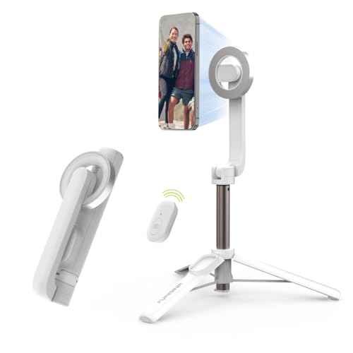 PureGear Magnetic Selfie Stick Tripod Stand with Wireless Remote, Compatible with MagSafe for iPhone 17/16/15/14/13/12 Series and Android Phones, Extendable Tripod Mount and Stand (White) - Image 1