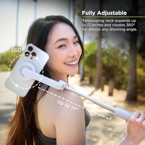 PureGear Magnetic Selfie Stick Tripod Stand with Wireless Remote, Compatible with MagSafe for iPhone 17/16/15/14/13/12 Series and Android Phones, Extendable Tripod Mount and Stand (White) - Image 5