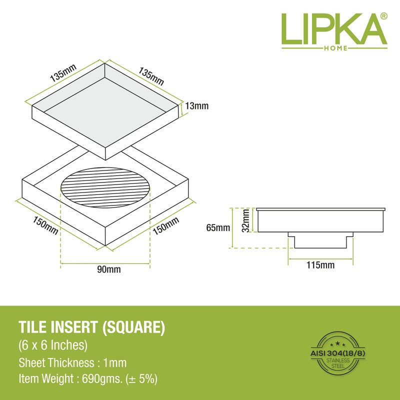 LIPKA 6 x 6 Inches Square Tile Insert Floor Drain | 304 Grade Stainless Steel/Invisible Shower Drain Channel | Waste Water Floor Drain for Bathroom & Showers Areas/Drain Jali with Anti Cockroach Trap - Image 2