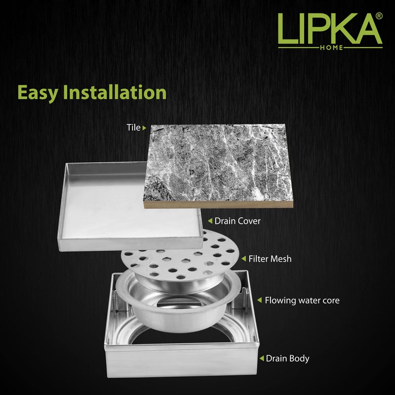 LIPKA 6 x 6 Inches Square Tile Insert Floor Drain | 304 Grade Stainless Steel/Invisible Shower Drain Channel | Waste Water Floor Drain for Bathroom & Showers Areas/Drain Jali with Anti Cockroach Trap - Image 4