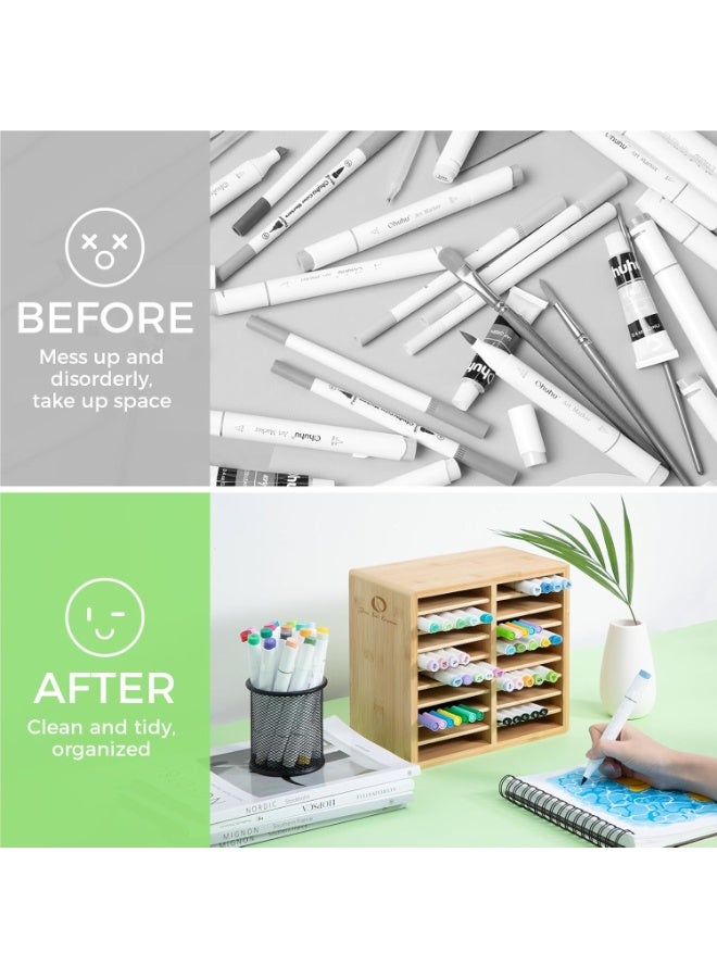 Ohoho Bamboo Marker Organizer, Wooden Desktop Storage for 126 Markers, Pens, Pencils, and Art Brushes, Sturdy Organizer, Pen Holder with 18 Compartments, Ideal for Home, Classrooms, and Office Decor - Image 5