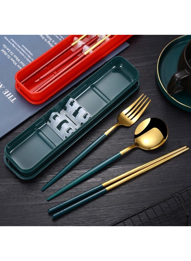 Stainless Steel Portable Tableware Chopsticks Spoon Fork Three-piece Set Student Travel Tableware Suit Single Convenient Box-Specifications:Blue With Gold (Model) - Silver Chopsticks (no Anti-slip Pattern) - Image 2