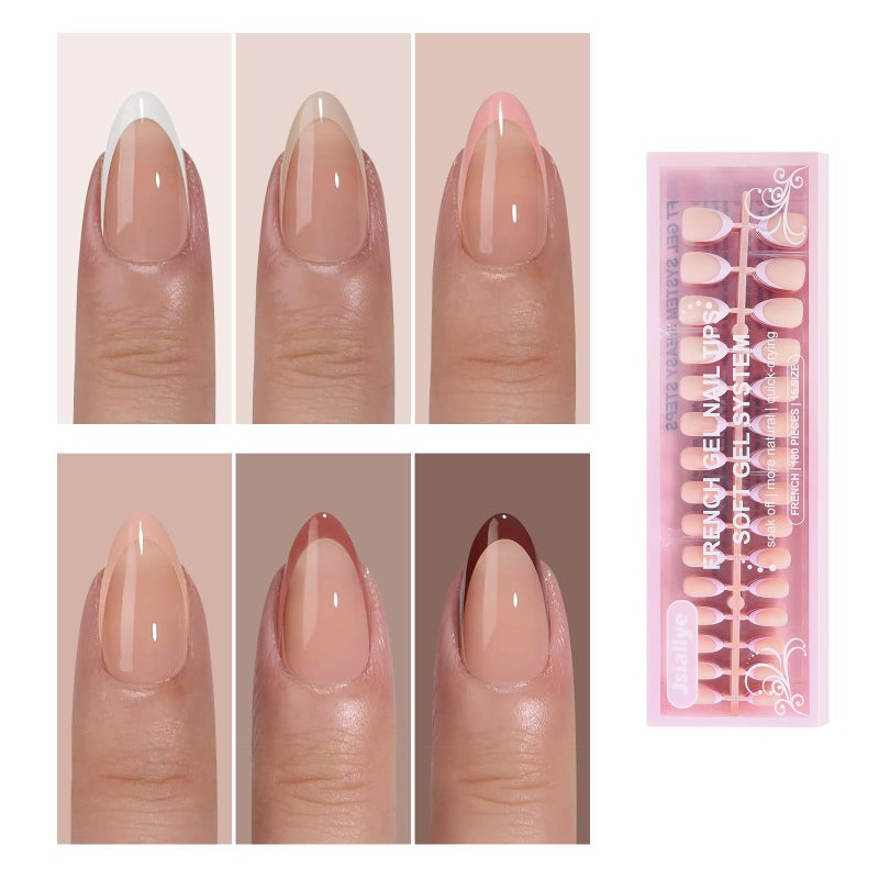 Jsiallye 6 Packs 180pcs French Tip Press on Nails Short Almond - French Soft Tip Nails Gel Pre-shaped No File Need,Soak Off Acrylic Fake Nails Extensions for Women Nail Art DIY 15 Sizes - Image 1