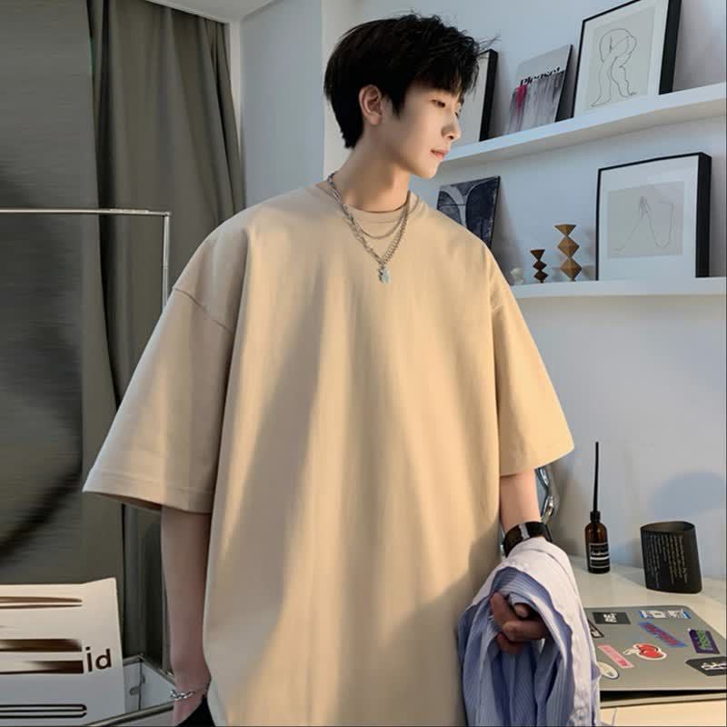 240G Pure Cotton T-Shirt Summer Loose Daily Casual Contrasting Color Cotton Breathable Shirt Off-Shoulder Round Neck Simple Summer Short-Sleeved - Image 4