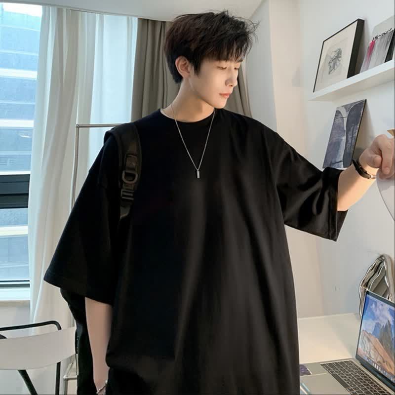 240G Pure Cotton T-Shirt Summer Loose Daily Casual Contrasting Color Cotton Breathable Shirt Off-Shoulder Round Neck Simple Summer Short-Sleeved - Image 2