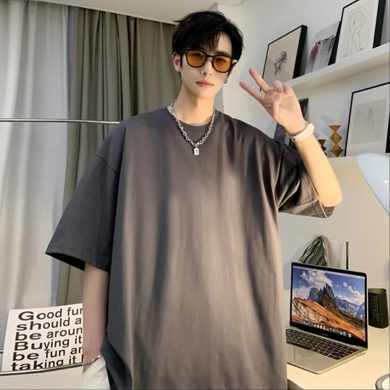 240G Pure Cotton T-Shirt Summer Loose Daily Casual Contrasting Color Cotton Breathable Shirt Off-Shoulder Round Neck Simple Summer Short-Sleeved - Image 5