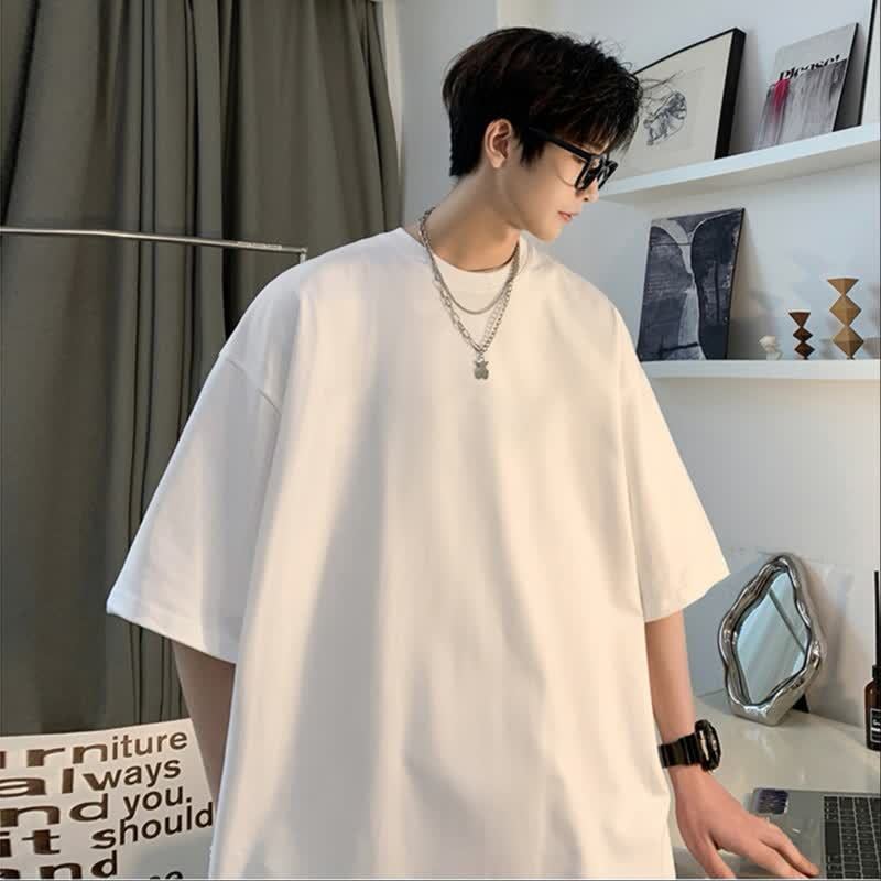 240G Pure Cotton T-Shirt Summer Loose Daily Casual Contrasting Color Cotton Breathable Shirt Off-Shoulder Round Neck Simple Summer Short-Sleeved - Image 3