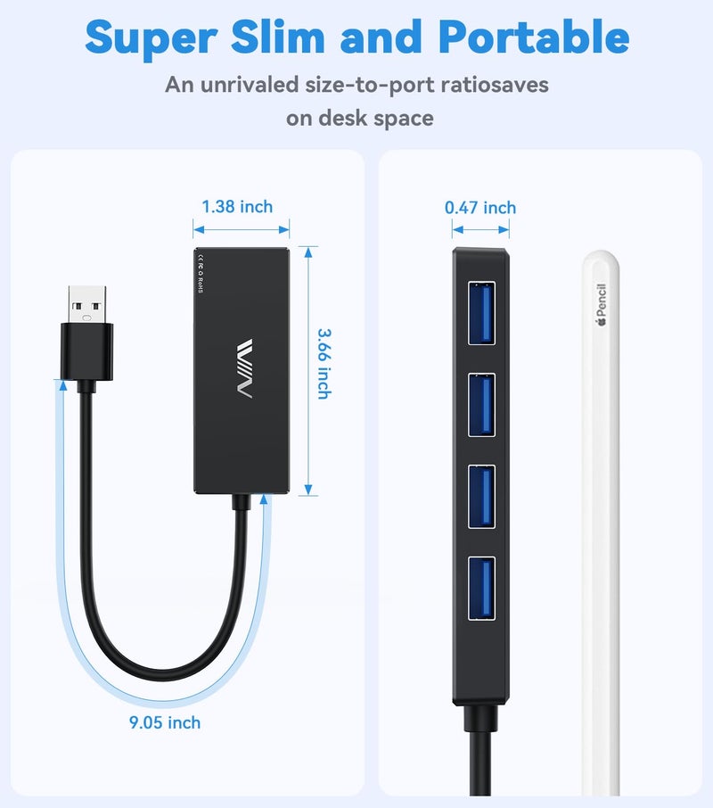 IVIIN USB 3.0 Hub, 4 Port USB Hub Splitter, USB A Expander Portable USB Adapter Multiport Data Hub for Laptop, iMac Pro, MacBook Air, Mac mini/Pro, Surface Pro, USB Flash Drives, and Mobile HDD-Black - Image 4