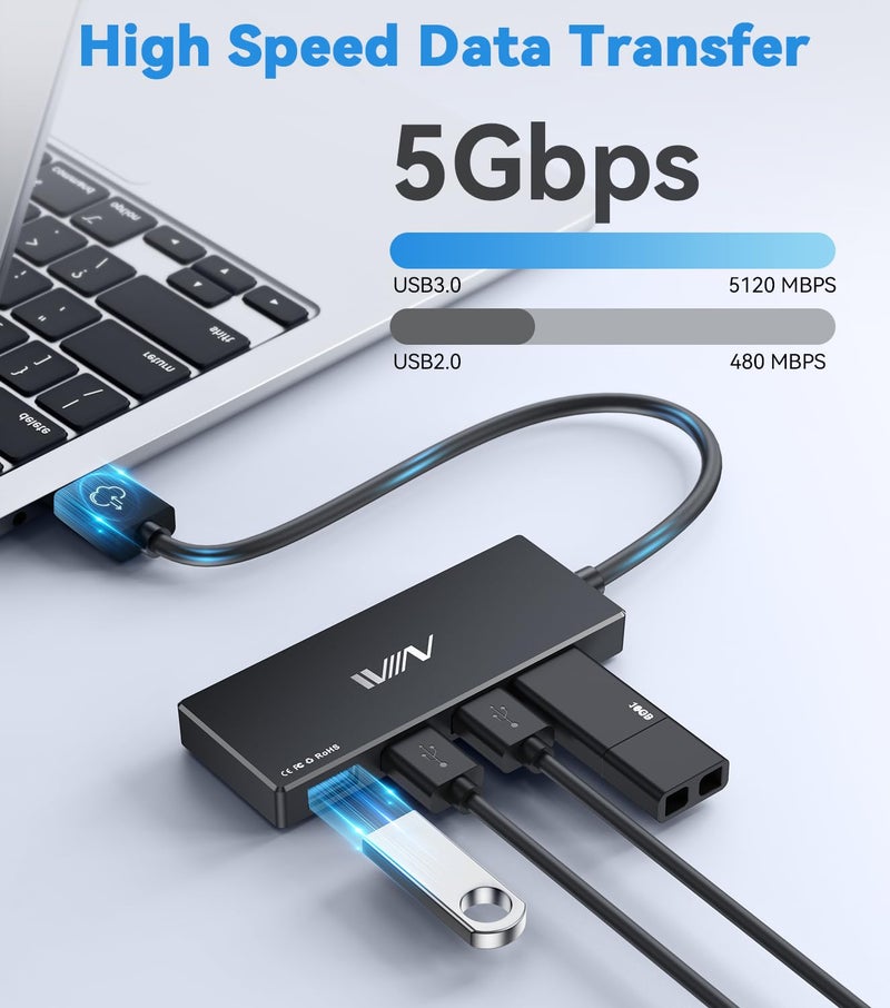 IVIIN USB 3.0 Hub, 4 Port USB Hub Splitter, USB A Expander Portable USB Adapter Multiport Data Hub for Laptop, iMac Pro, MacBook Air, Mac mini/Pro, Surface Pro, USB Flash Drives, and Mobile HDD-Black - Image 3