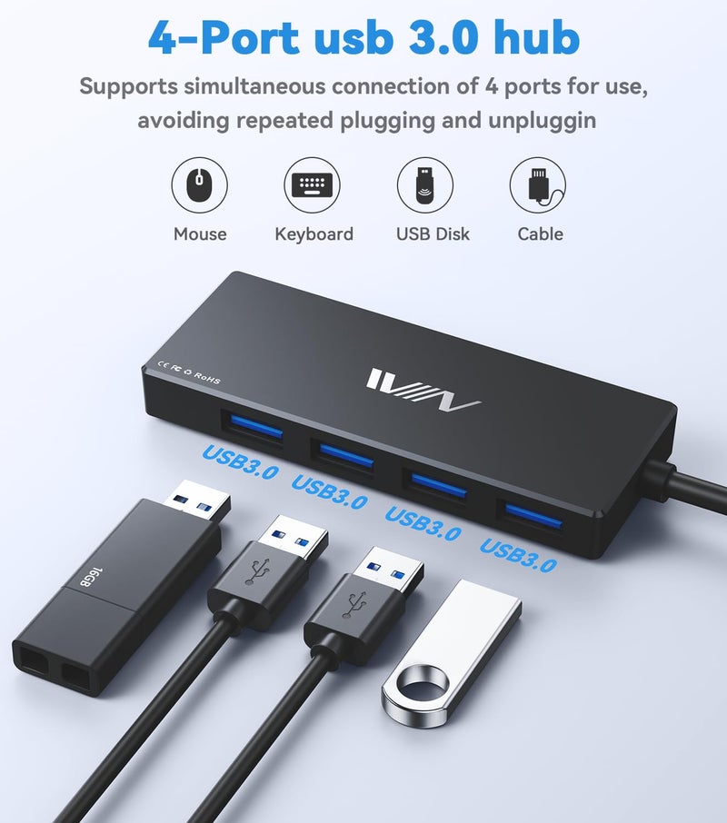 IVIIN USB 3.0 Hub, 4 Port USB Hub Splitter, USB A Expander Portable USB Adapter Multiport Data Hub for Laptop, iMac Pro, MacBook Air, Mac mini/Pro, Surface Pro, USB Flash Drives, and Mobile HDD-Black - Image 2
