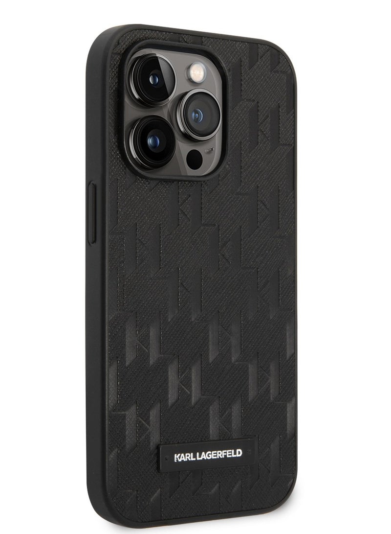 كارل لاغرفيلد حافظة بنمط مونوغرام مطاطي ثلاثي الأبعاد وشعار لوحة معدنية متوافقة مع هاتف آیفون 14 برو - أسود - Image 3