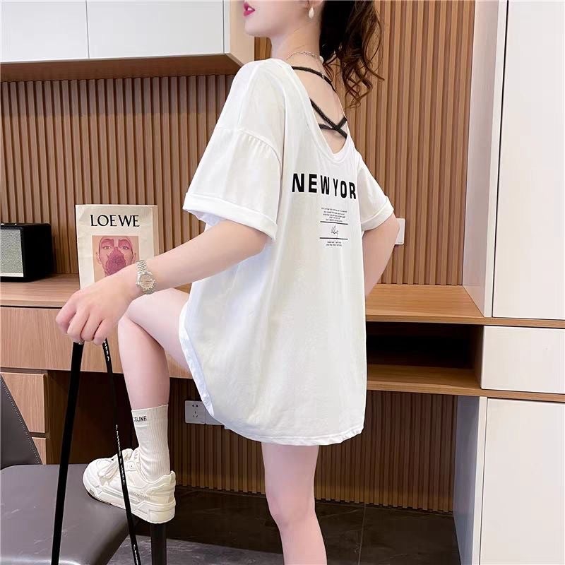 Internet Celebrity Fried Street Watch Backless Mid-Length T-Shirt Women'S Summer Distinctive Printed Age-Reducing All-Match Slim-Fit Top - Image 4
