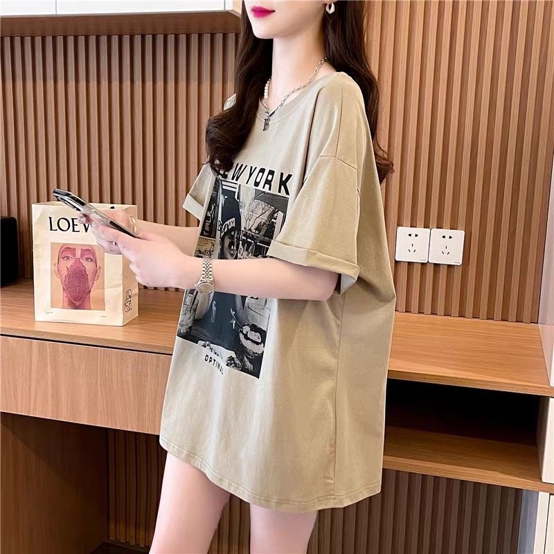 Internet Celebrity Fried Street Watch Backless Mid-Length T-Shirt Women'S Summer Distinctive Printed Age-Reducing All-Match Slim-Fit Top - Image 1