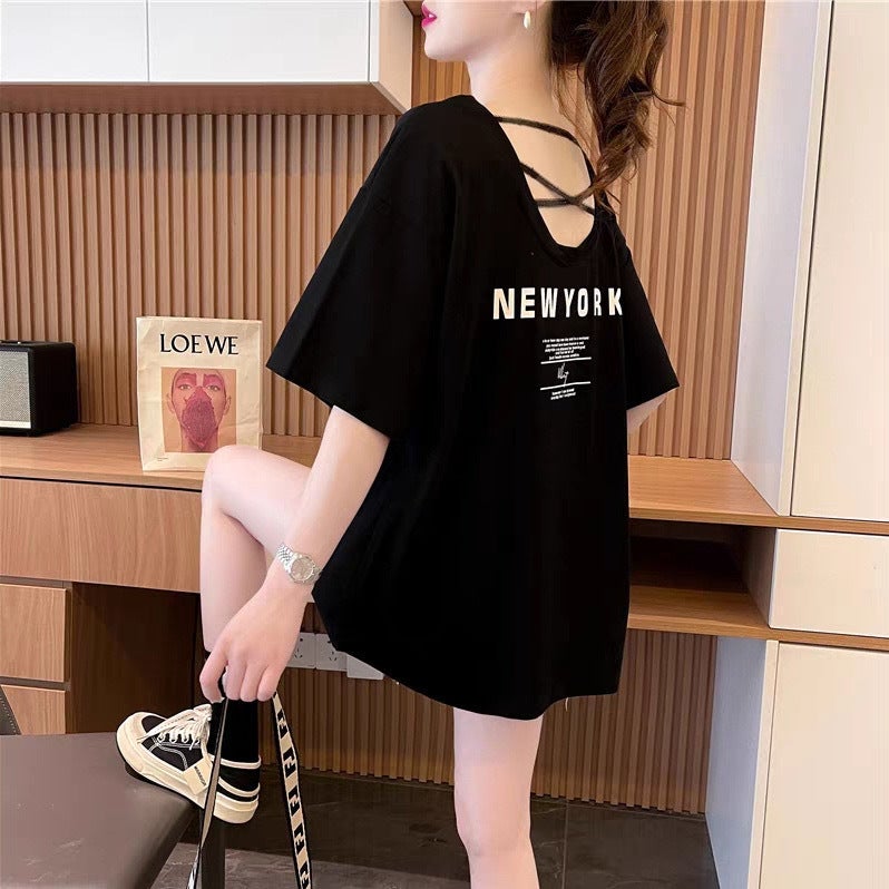 Internet Celebrity Fried Street Watch Backless Mid-Length T-Shirt Women'S Summer Distinctive Printed Age-Reducing All-Match Slim-Fit Top - Image 2
