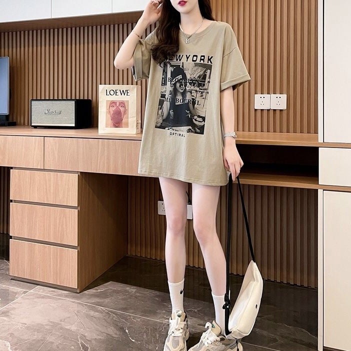 Internet Celebrity Fried Street Watch Backless Mid-Length T-Shirt Women'S Summer Distinctive Printed Age-Reducing All-Match Slim-Fit Top - Image 5