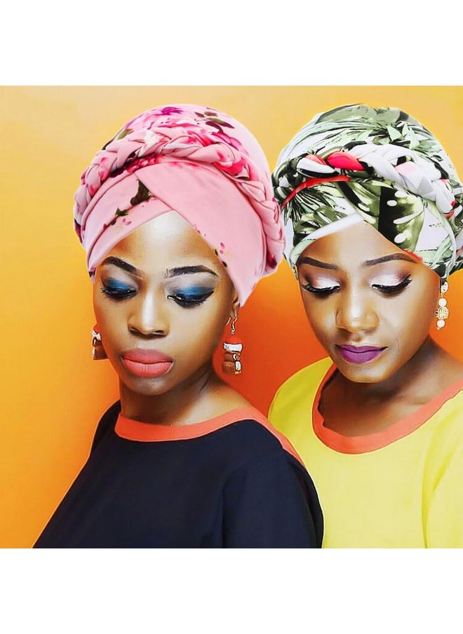 Woeoe - African Turban Head Wrap Pink Pattern Head Scarf Soft Flower Print Head Cover Cap Headwear For Women And Girls(Pack Of 2) - Image 1