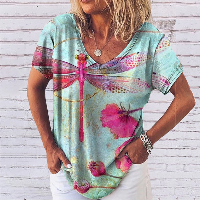 2022 Summer Cross-Border Supply of 3D Digital Printed Short-Sleeved V Neck Women's Loose-Fitting Women's T-Shirts - Image 1