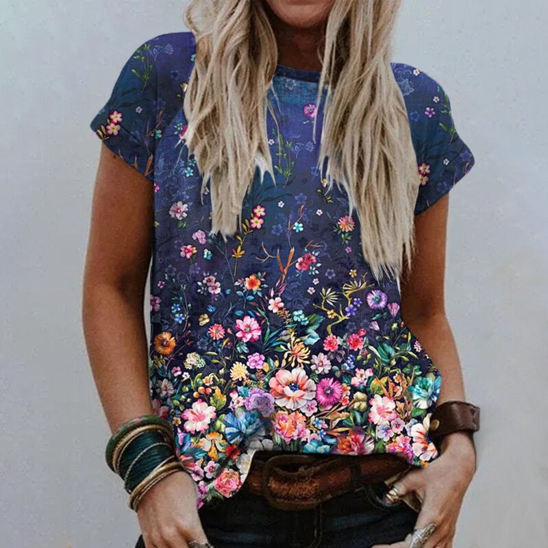 2022 Summer Cross-Border Supply of 3D Digital Printed Short-Sleeved V Neck Women's Loose-Fitting Women's T-Shirts - Image 4