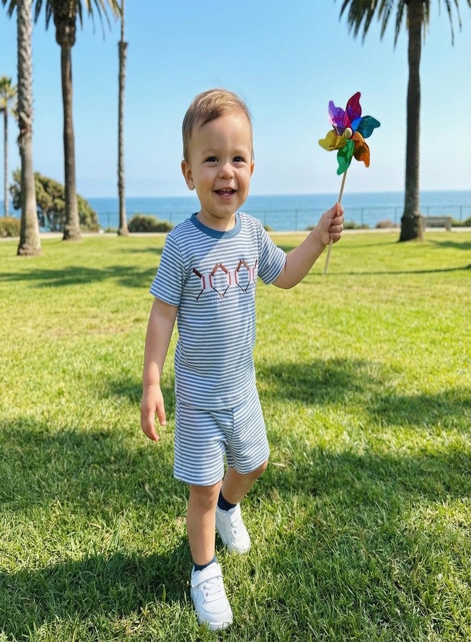 Mobbdow Toddler Baby Boy Baseball Outfit Baseball Embroidery Striped Waffle Knit Short Sleeve T Shirt Top and Shorts Set (A-Blue, 12-18 Months) - Image 4