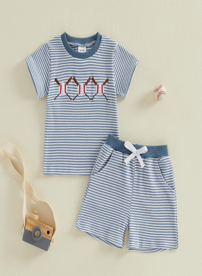 Mobbdow Toddler Baby Boy Baseball Outfit Baseball Embroidery Striped Waffle Knit Short Sleeve T Shirt Top and Shorts Set (A-Blue, 12-18 Months) - Image 5