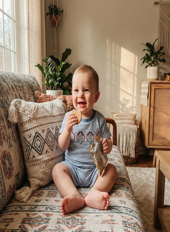 Mobbdow Toddler Baby Boy Baseball Outfit Baseball Embroidery Striped Waffle Knit Short Sleeve T Shirt Top and Shorts Set (A-Blue, 12-18 Months) - Image 2