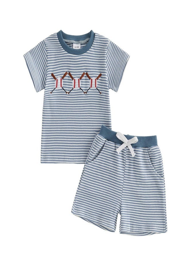 Mobbdow Toddler Baby Boy Baseball Outfit Baseball Embroidery Striped Waffle Knit Short Sleeve T Shirt Top and Shorts Set (A-Blue, 12-18 Months) - Image 1
