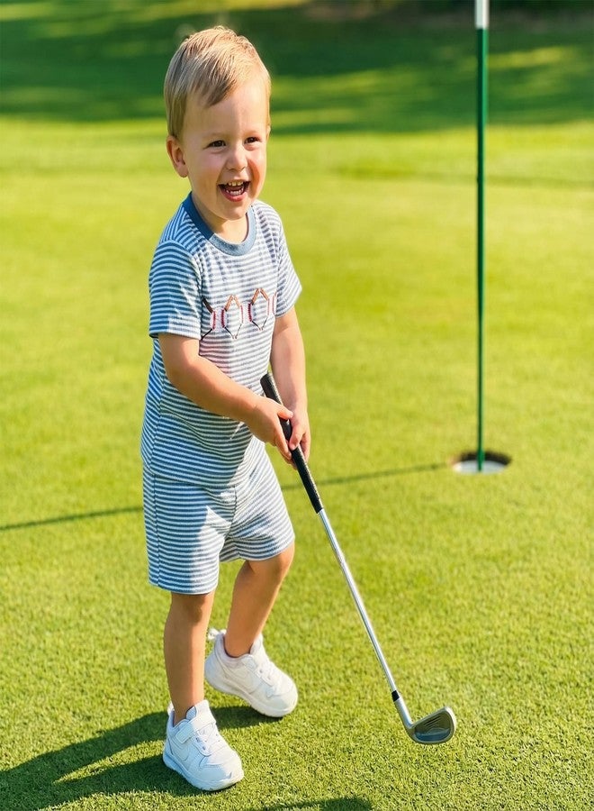 Mobbdow Toddler Baby Boy Baseball Outfit Baseball Embroidery Striped Waffle Knit Short Sleeve T Shirt Top and Shorts Set (A-Blue, 12-18 Months) - Image 3