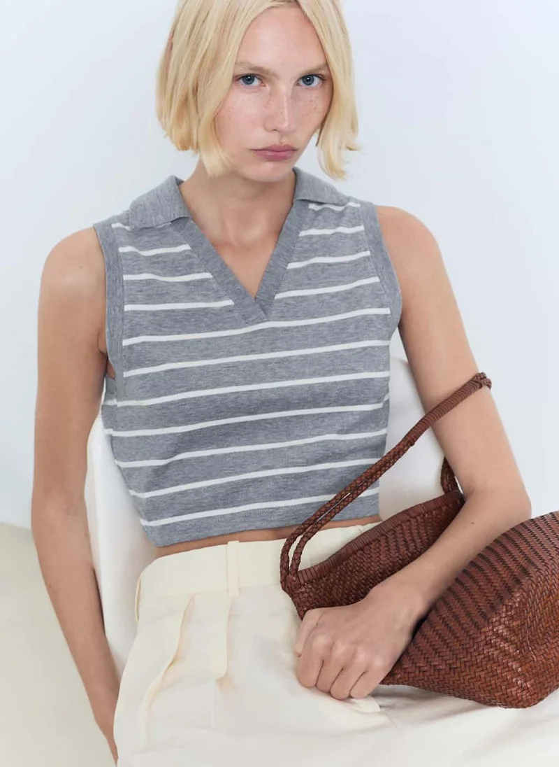 MANGO Striped Cropped Polo