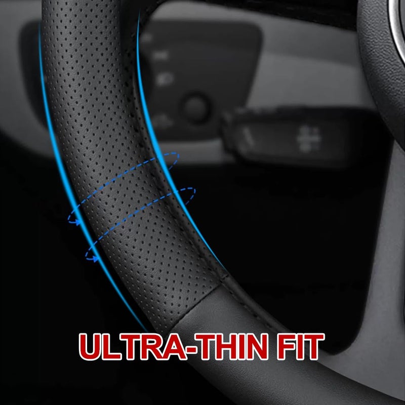HAOTULE New Nappa Leather car Steering Wheel Cover, Anti-Slip, Safety, Soft, Breathable Full Surround Universal 15 inch Black - Image 2