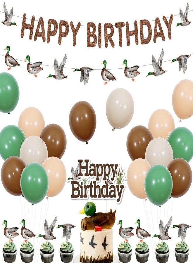 Fangleland Mallard Duck Birthday Party Decorations for Boy, Duck Theme Party Supplies with Happy Birthday Banner, Duck Cake Topper, 24Pcs Cupcake Toppers, Balloons - Image 1