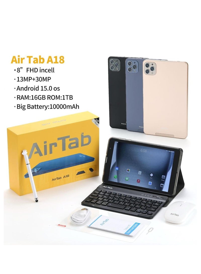 AirTab A18 Smart Tablet with Arabic Keyboard, 8 inch FHD Screen, 1TB Internal Memory, 16GB RAM - with Powerful 10000mAh Battery Gold