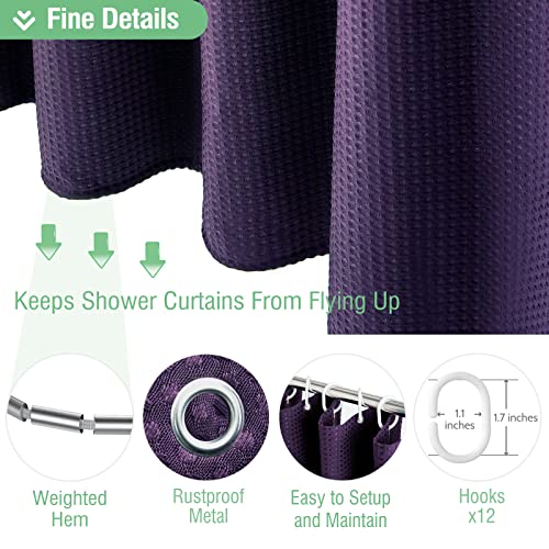 Dynamene Purple Fabric Shower Curtain - Waffle Textured Heavy Duty Cloth Shower Curtains for Bathroom, 256GSM Hotel Spa Luxury Weighted Polyester Bath Curtain Set with 12 Plastic Hooks(72Wx72H,Purple) - Image 5