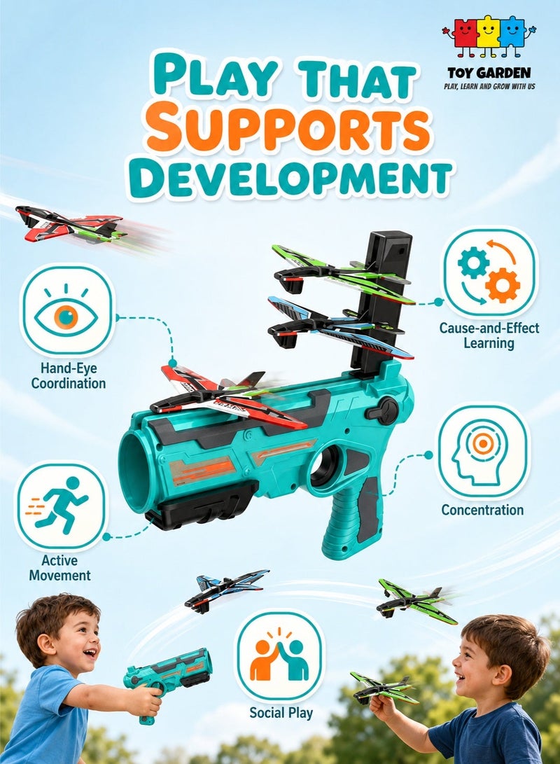 TOY GARDEN Assorted Color Airplane Launcher Gun Toy with 4 Foam Glider Planes – Catapult Flying Plane Toy for Kids Boys & Girls – One-Click Ejection Shooter, Outdoor Throwing Glider Airplane Game, Hand Launch Aircraft Toy, Fun Battle Flight Launcher Set for Children Parties & Gifts - Image 2