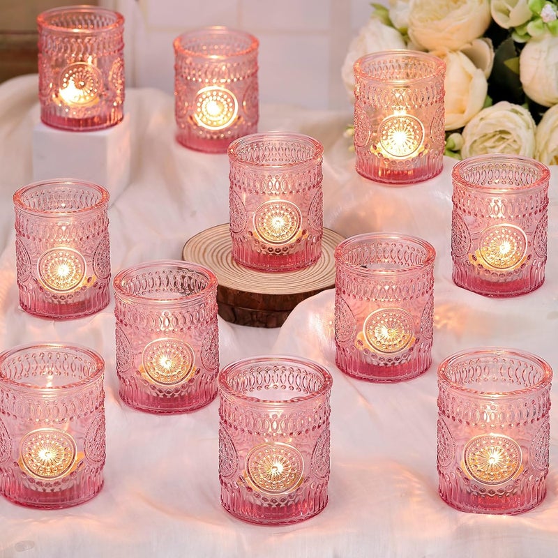DARJEN Pink Votive Candle Holders Set of 36- Glass Candle Holders Bulk for Tea Light Candle, Embossed Candle Votives for Romantic Wedding Centerpiece, Home Table Decor - Image 1