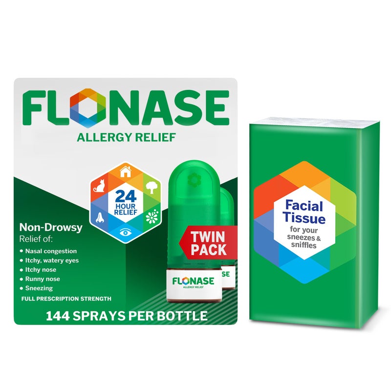 Flonase Allergy Relief Nasal Spray, 24-Hour Non-Drowsy Multi-Symptom Relief 144 Sprays (Pack of 2) plus Bonus Pack of Tissues - Image 1