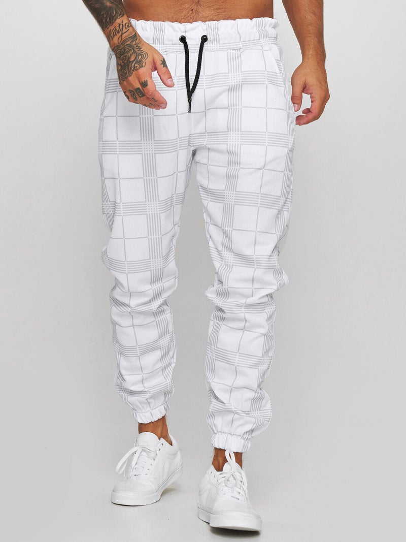 Mens Checked 3D Print Casual Trousers Joggers White - Image 1