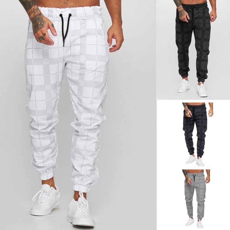 Mens Checked 3D Print Casual Trousers Joggers White - Image 2
