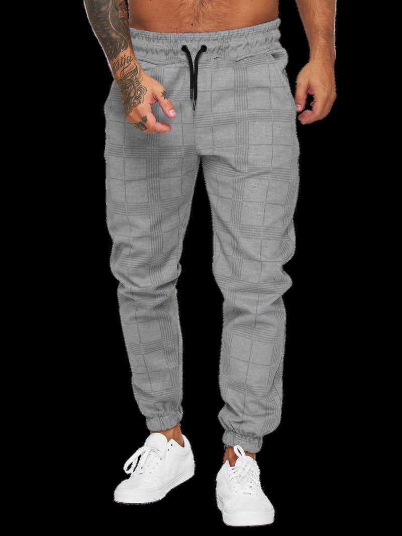 Mens Checked 3D Print Casual Trousers Joggers White - Image 4