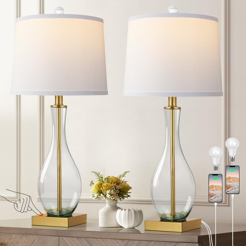 WIHTU Table Lamps Set of 2 with Touch Control, 27" Bedside Desk Lamps for Nightstand Decorations, 3-Way Dimmable Modern Glass Table lamp with USB C and A Charging Ports, Gold (LED Bulbs Included) - Image 1