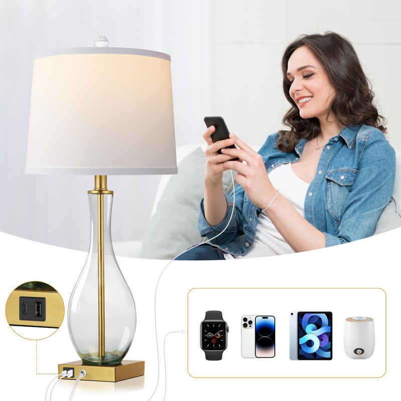 WIHTU Table Lamps Set of 2 with Touch Control, 27" Bedside Desk Lamps for Nightstand Decorations, 3-Way Dimmable Modern Glass Table lamp with USB C and A Charging Ports, Gold (LED Bulbs Included) - Image 3