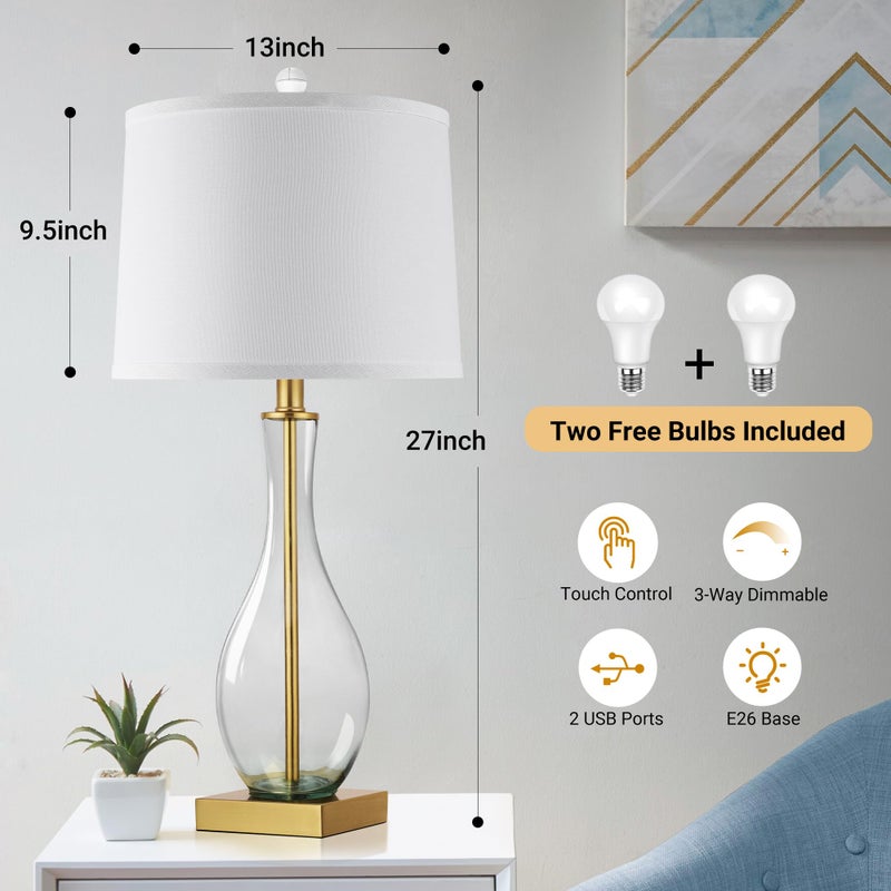 WIHTU Table Lamps Set of 2 with Touch Control, 27" Bedside Desk Lamps for Nightstand Decorations, 3-Way Dimmable Modern Glass Table lamp with USB C and A Charging Ports, Gold (LED Bulbs Included) - Image 5