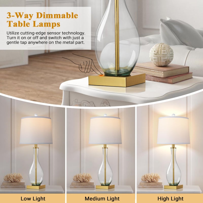 WIHTU Table Lamps Set of 2 with Touch Control, 27" Bedside Desk Lamps for Nightstand Decorations, 3-Way Dimmable Modern Glass Table lamp with USB C and A Charging Ports, Gold (LED Bulbs Included) - Image 2