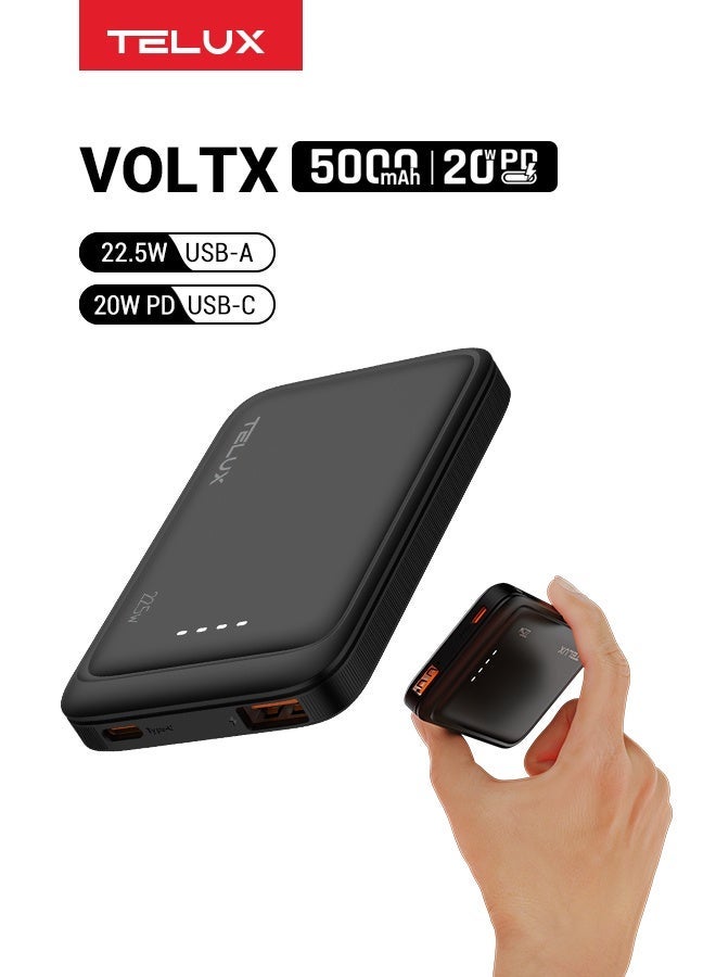 تيلكس TELUX VOLTX 5 بنك طاقة بسعة 5000 مللي أمبير، شحن سريع شاحن محمول صغير بتقنية PD مع منفذ USB-C وUSB-A، آمن ومضغوط، لون أسود - Image 1