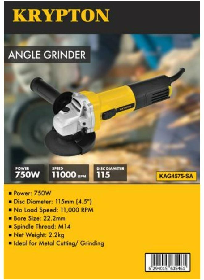 KRYPTON - Krypton 115 MM Angle Grinder- KAG4575-SA| 750 W And 11000 RPM No Load Speed| Perfect For Home And Business Use| M14 Spindle Thread, Long Handle For Comfortable Grip Black And Yellow - Image 1