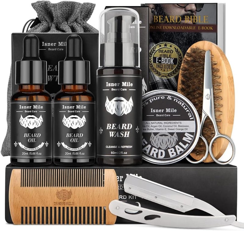 Comfy Mate ISNER MILE Beard Grooming Kit for Men Fathers Gifts for Dad Men Him Husband Boyfriend with Beard Shampoo Wash Oil Balm Trimming Set Include Brush Comb Scissors